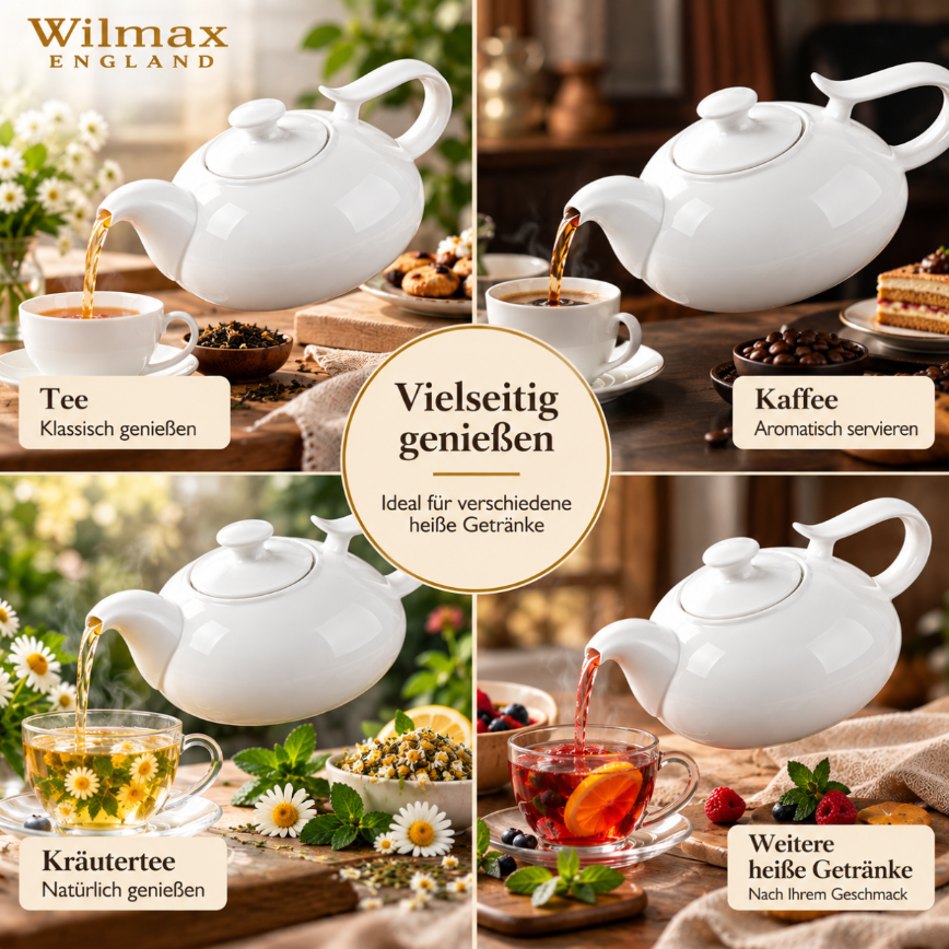 Wilmax Kaffee- und Teekanne mit Ausgusssieb 2250 ml Weiß Porzellan – Anwendungs- oder Detailansicht; Lieferumfang: 1 Stück