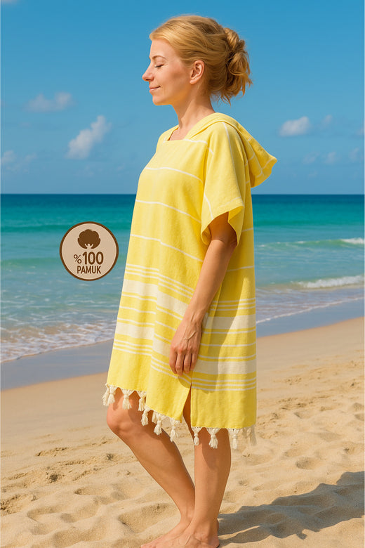 HELDENA Poncho Bademantel Gelb aus 100% Baumwolle Peshtemal für Bad und Strand