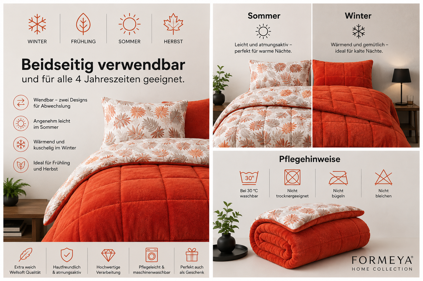 HELDENA Wellsoft Bettdecke Orange – Doppelseitig Ganzjahresdecke mit Kissenbezug