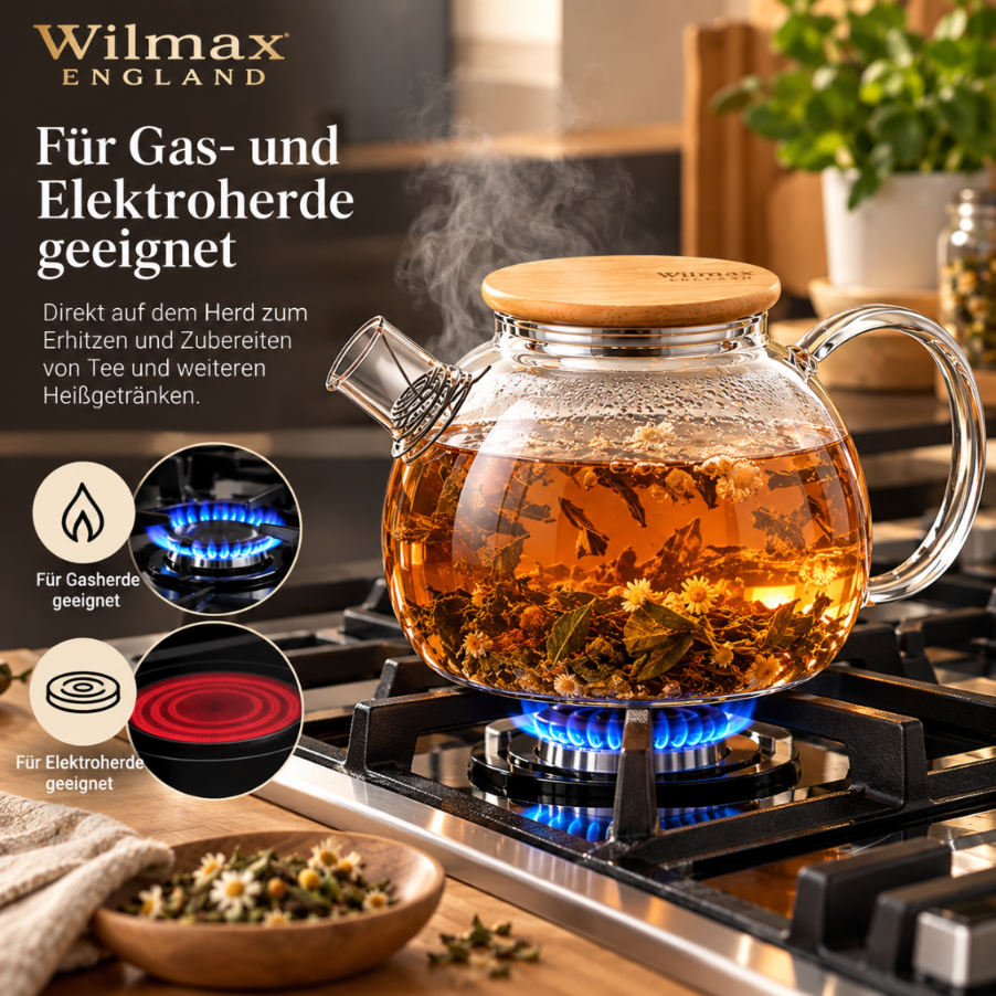 Wilmax Teekanne 1500 ml mit Federfilter und Bambusdeckel Transparent Thermoglas – Anwendungs- oder Detailansicht; Lieferumfang: 1 Stück