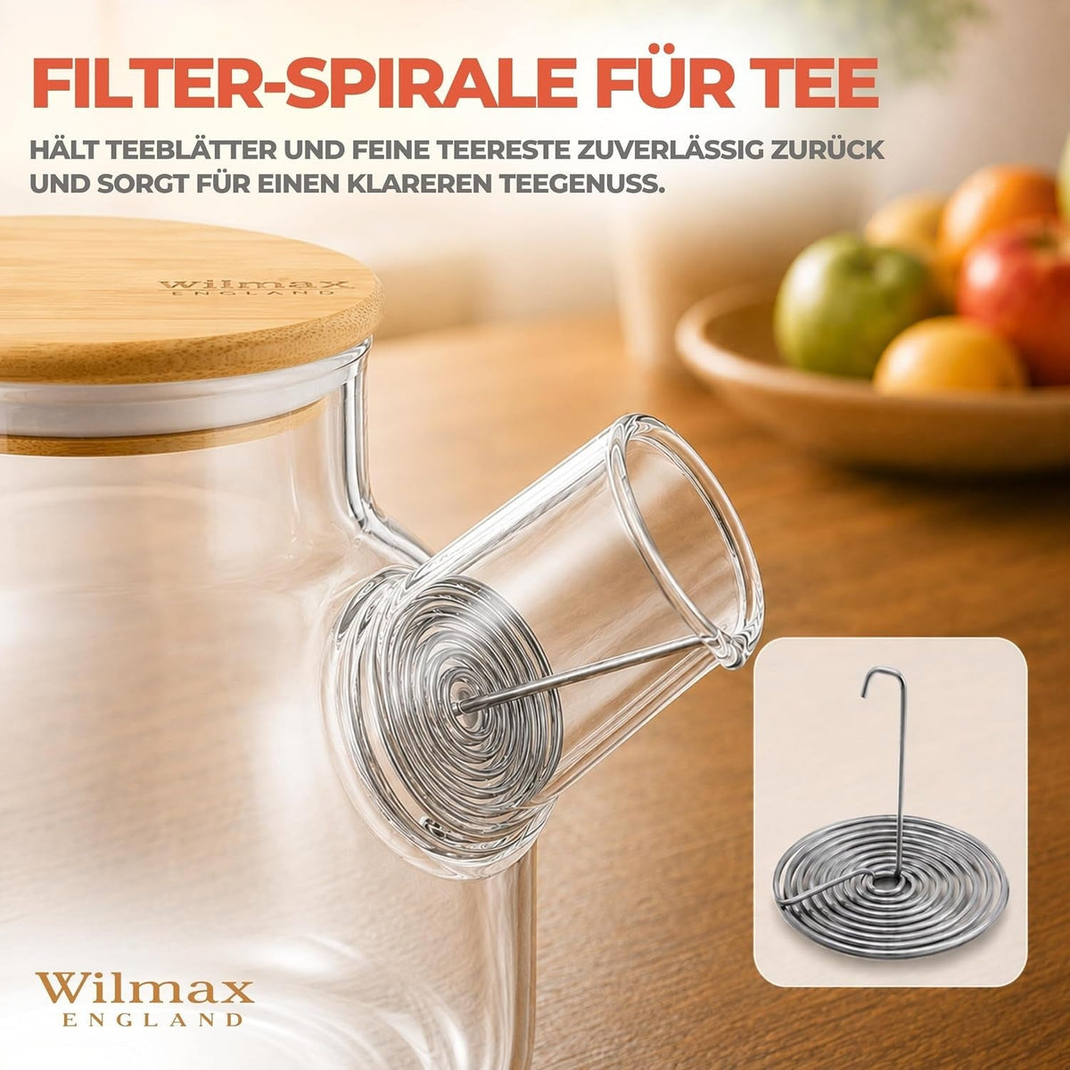 Wilmax Teekanne 950 ml mit Federfilter und Bambusdeckel Transparent Thermoglas – Anwendungs- oder Detailansicht; Lieferumfang: 1 Stück