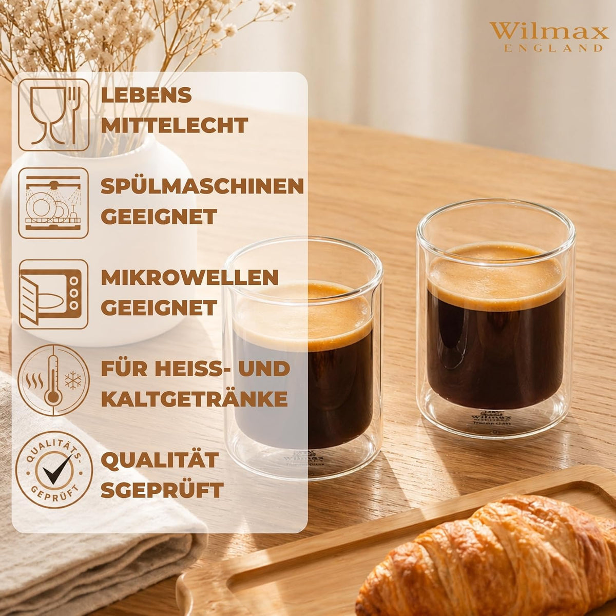 Wilmax Doppelwandiges Thermoglas 400 ml 4er-Set Transparent – Anwendungs- oder Detailansicht; Lieferumfang: 4 Stück