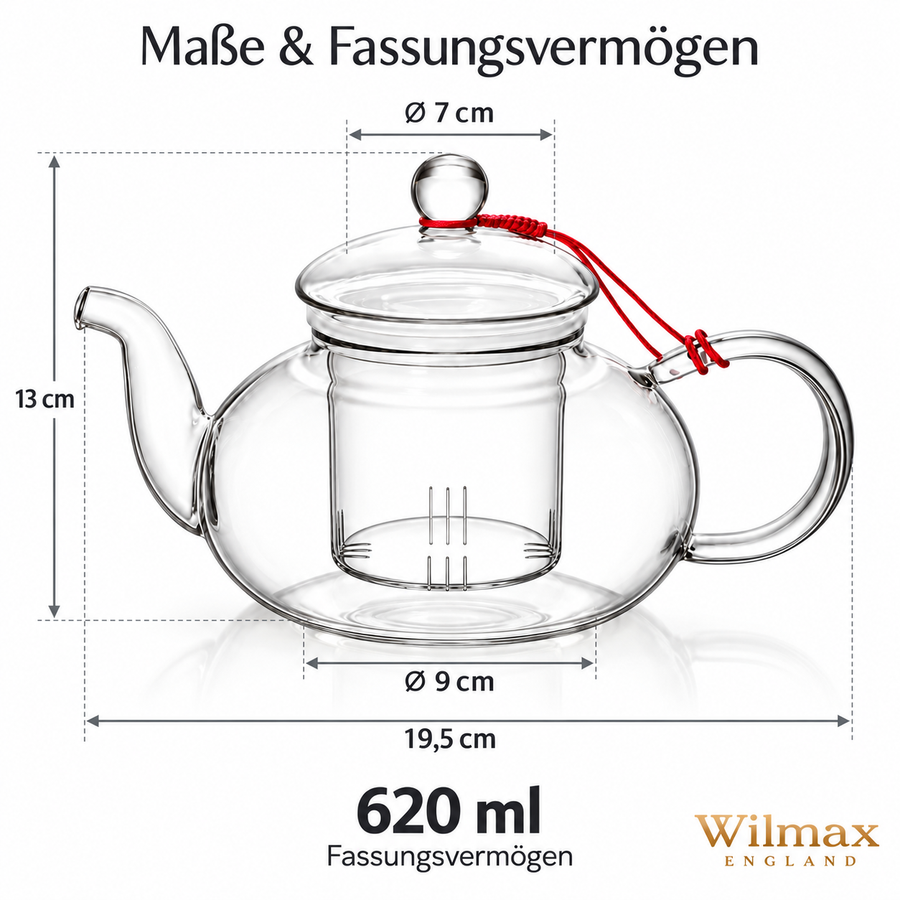 Wilmax Teekanne 620 ml mit Glasfilter Transparent Thermoglas – Anwendungs- oder Detailansicht; Lieferumfang: 1 Stück