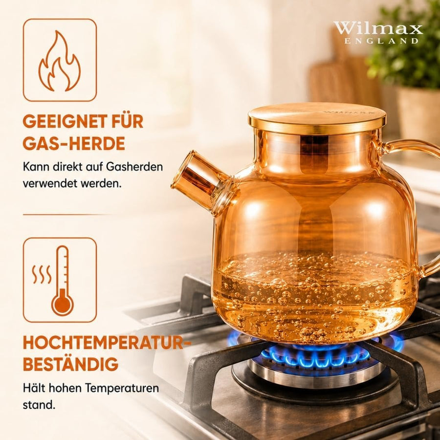 Wilmax Teekanne 1200 ml mit Federfilter und mit Edelstahldeckel Gold Thermoglas – Anwendungs- oder Detailansicht; Lieferumfang: 1 Stück