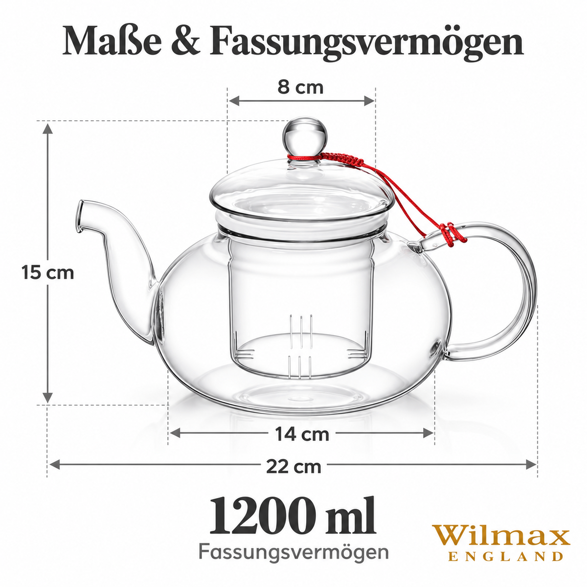 Wilmax Teekanne 1200 ml mit Glasfilter Transparent Thermoglas – Anwendungs- oder Detailansicht; Lieferumfang: 1 Stück
