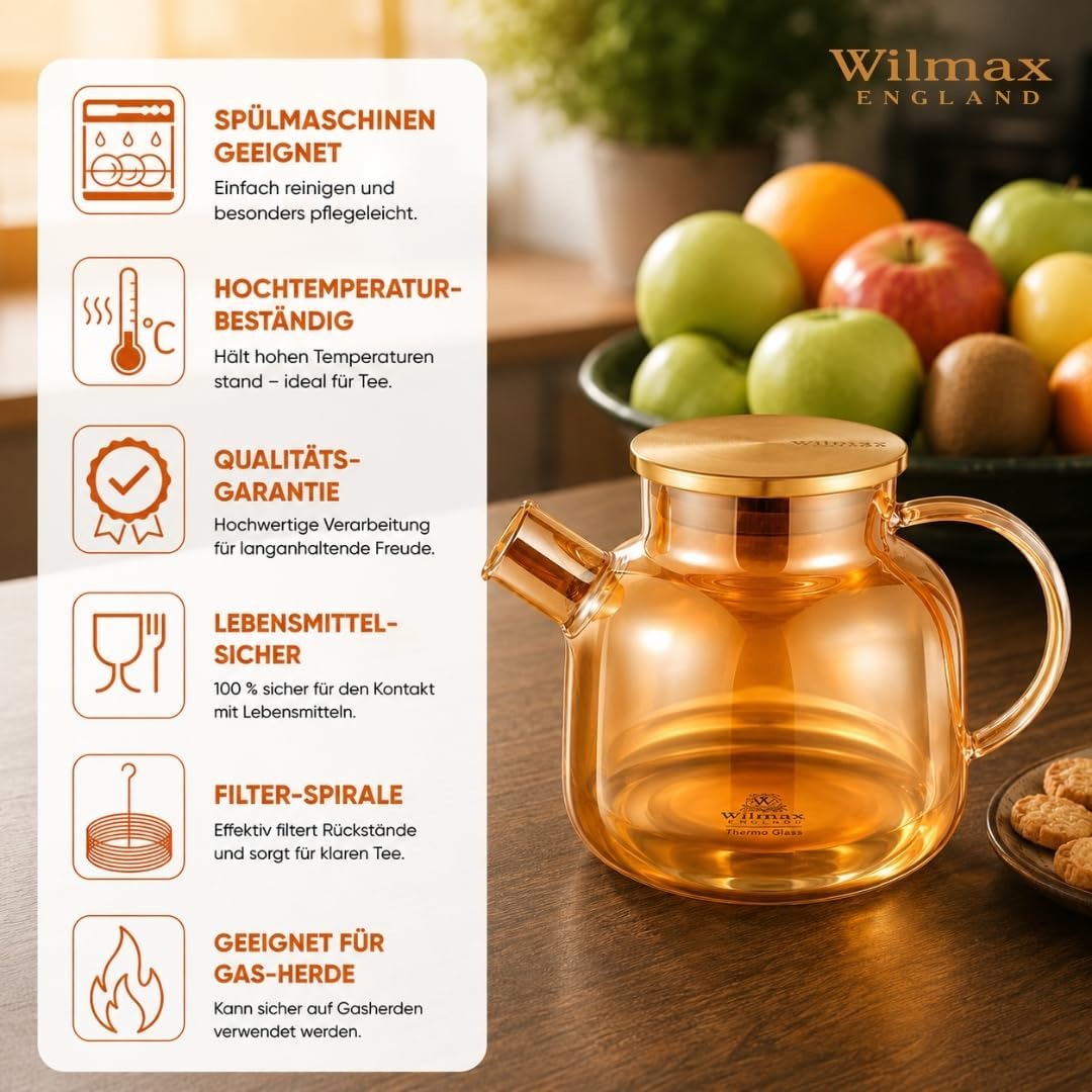 Wilmax Teekanne 1200 ml mit Federfilter und mit Edelstahldeckel Gold Thermoglas – Anwendungs- oder Detailansicht; Lieferumfang: 1 Stück