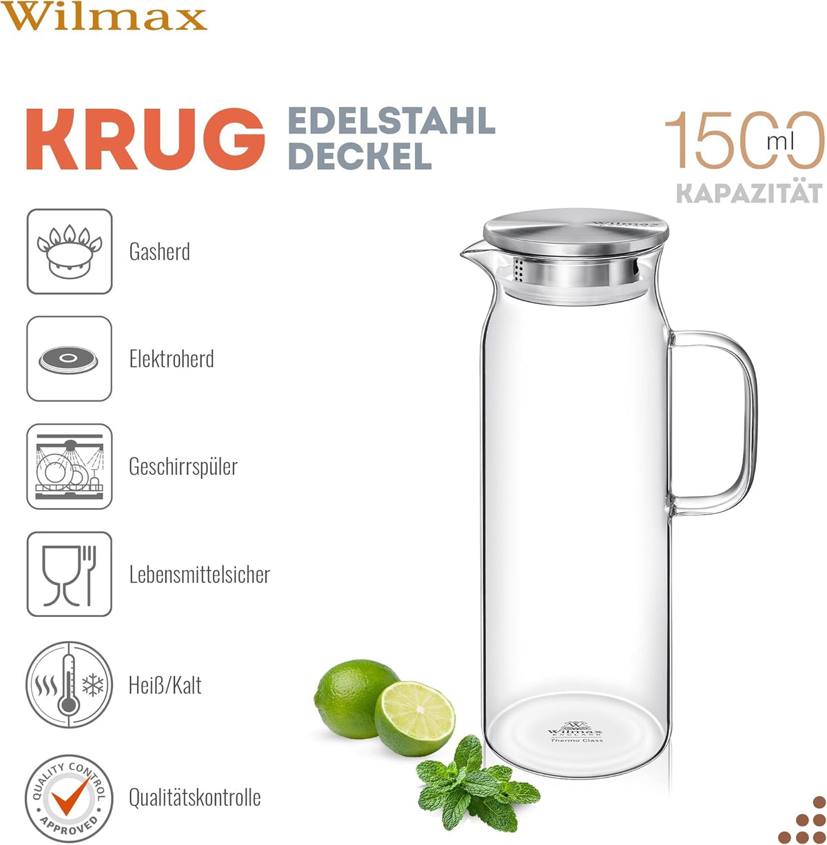 Wilmax Krug 1500 ml mit Edelstahldeckel und Filter Transparent Thermoglas – Anwendungs- oder Detailansicht; Lieferumfang: 1 Stück