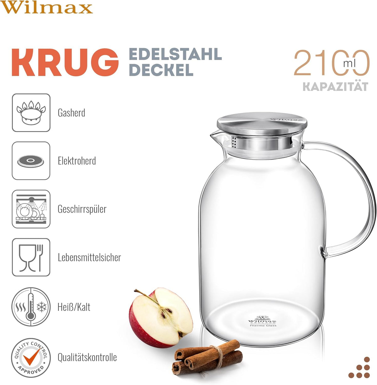Wilmax Krug 2100 ml mit Edelstahldeckel und Filter Transparent Thermoglas – Anwendungs- oder Detailansicht; Lieferumfang: 1 Stück