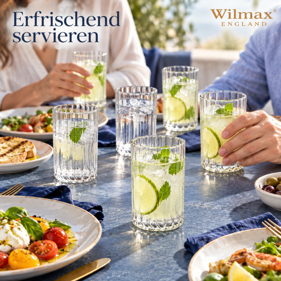 Wilmax Geriffeltes Glas 250 ml 6er-Set Transparent Borosilikatglas – Anwendungs- oder Detailansicht; Lieferumfang: 6 Stück