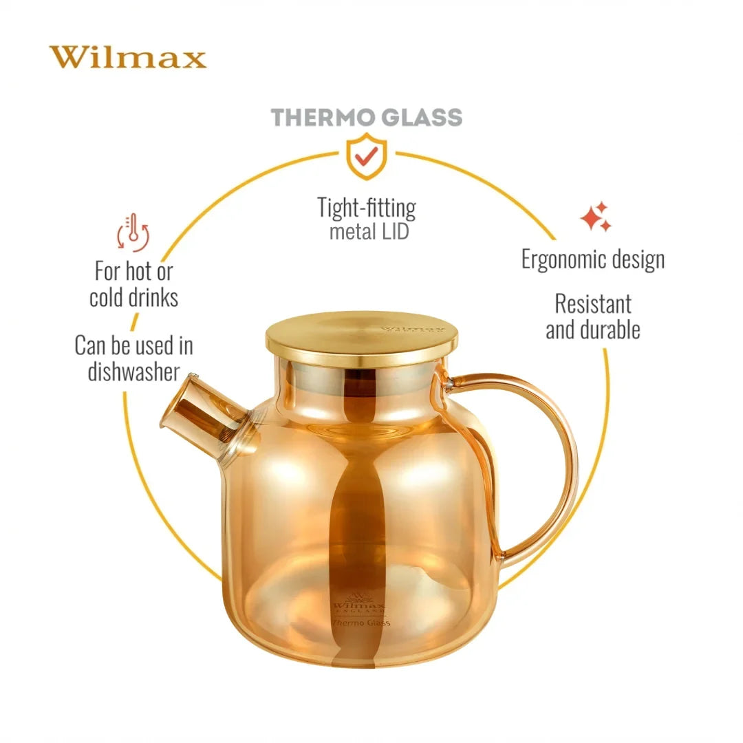 Wilmax Teekanne 1200 ml mit Federfilter und mit Edelstahldeckel Gold Thermoglas – Anwendungs- oder Detailansicht; Lieferumfang: 1 Stück