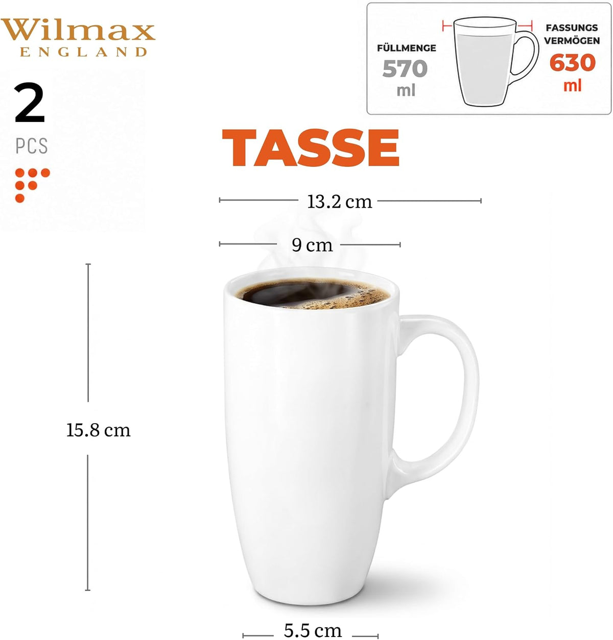 Wilmax Becher 630 ml 2er-Set Weiß Porzellan – Anwendungs- oder Detailansicht; Lieferumfang: 2 Stück