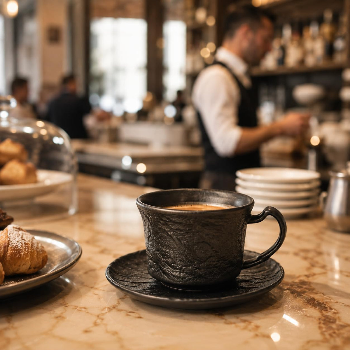 Wilmax Espressotasse mit Untertasse 75 ml 2er-Set Schwarz Porzellan – Anwendungs- oder Detailansicht; Lieferumfang: 2 Stück
