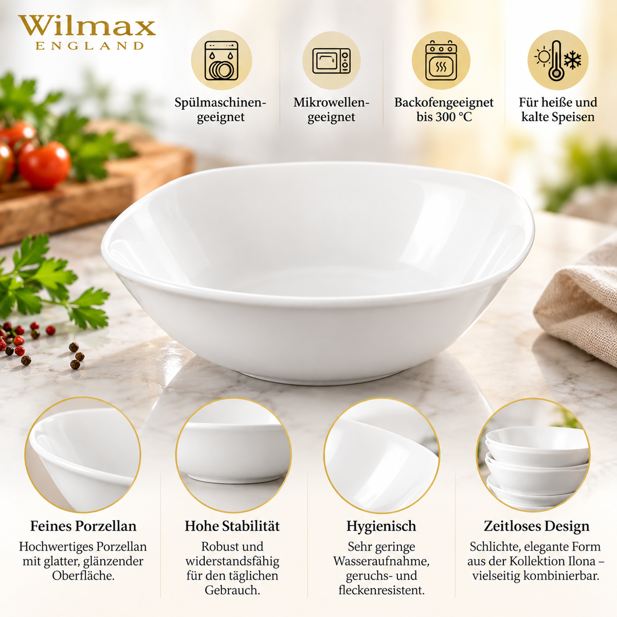 Wilmax Schale 345 ml 14,5 × 14,5 cm 4er-Set Weiß Porzellan – Anwendungs- oder Detailansicht; Lieferumfang: 4 Stück