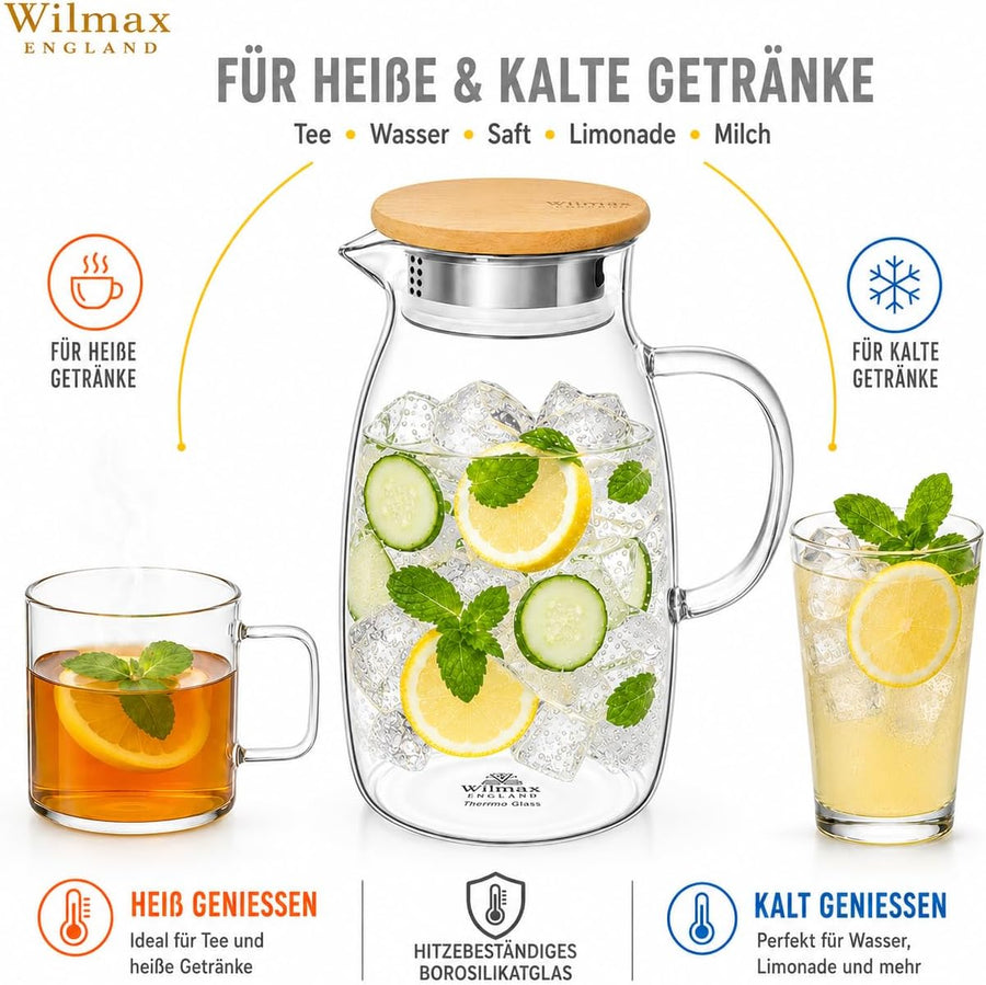 Wilmax Krug 1900 ml mit Bambusdeckel Transparent Thermoglas – Anwendungs- oder Detailansicht; Lieferumfang: 1 Stück