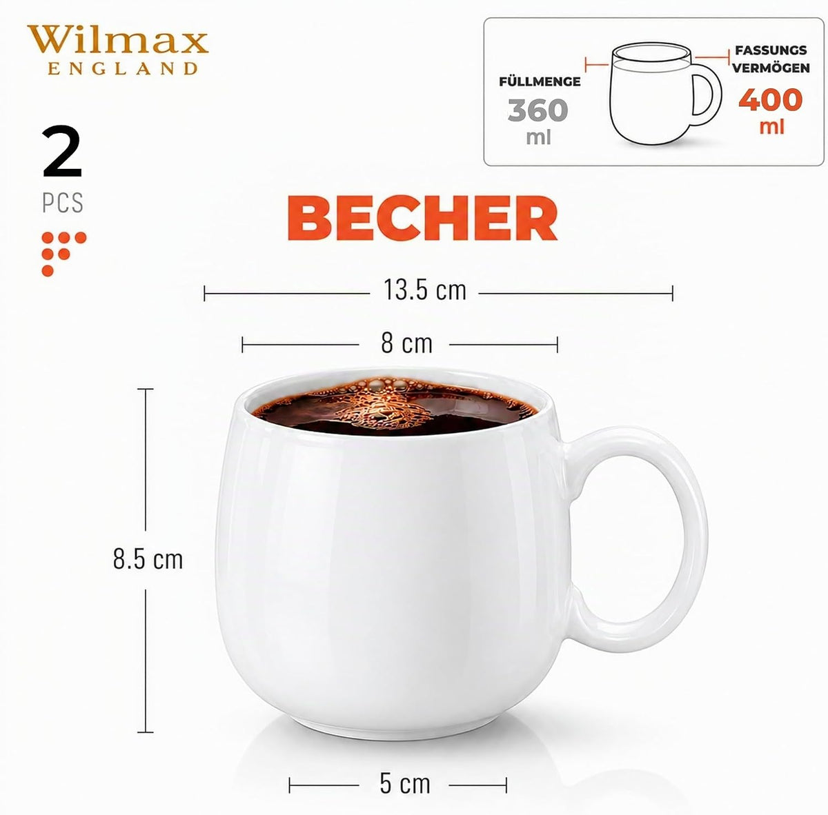 Wilmax Tasse 400 ml 2er-Set Weiß Porzellan – Anwendungs- oder Detailansicht; Lieferumfang: 2 Stück