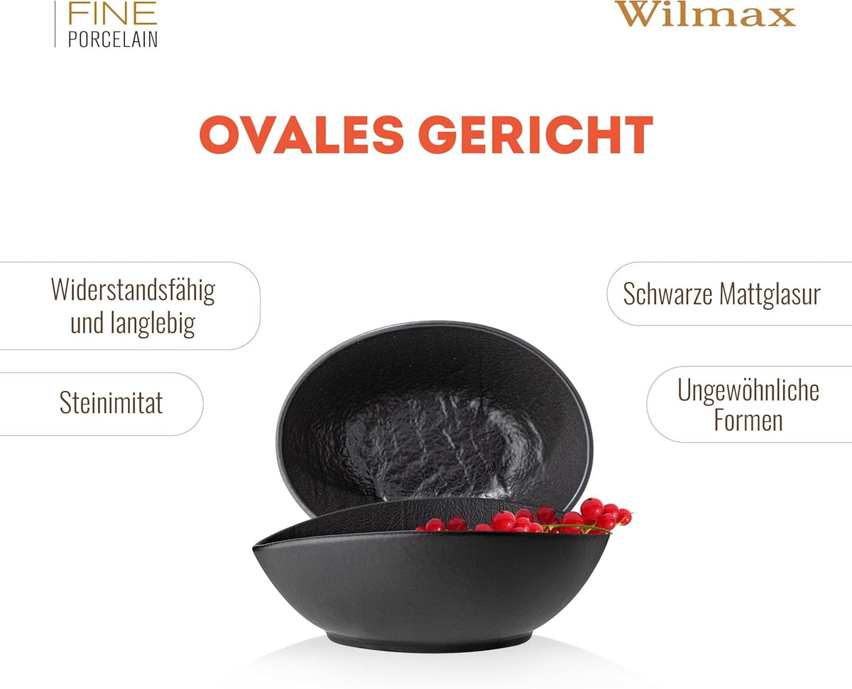 Wilmax Ovale Schale 8 × 6 × 3 cm 6er-Set Schwarz Porzellan – Anwendungs- oder Detailansicht; Lieferumfang: 6 Stück