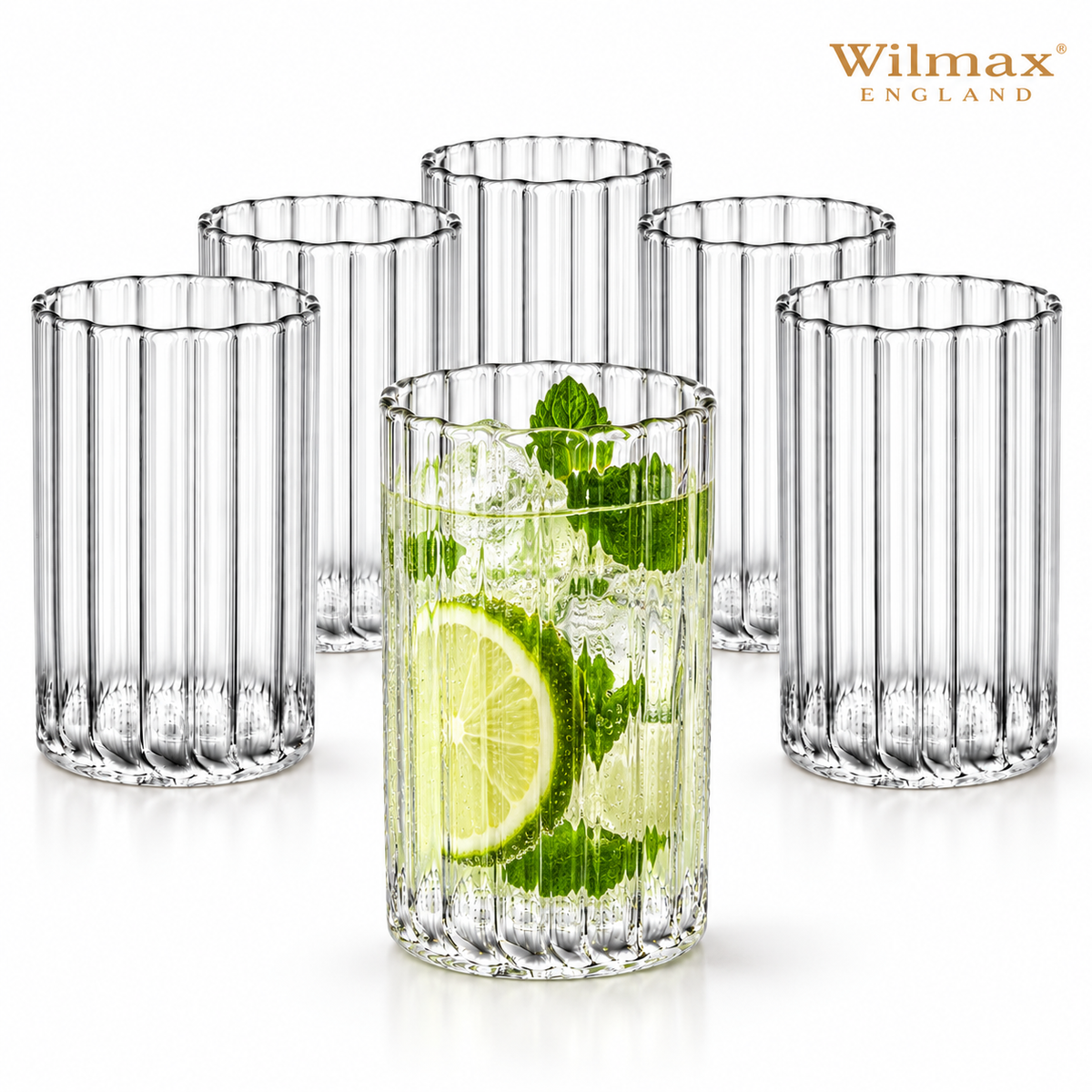 Wilmax Geriffeltes Glas 250 ml 6er-Set Transparent Borosilikatglas – Produktansicht; Lieferumfang: 6 Stück