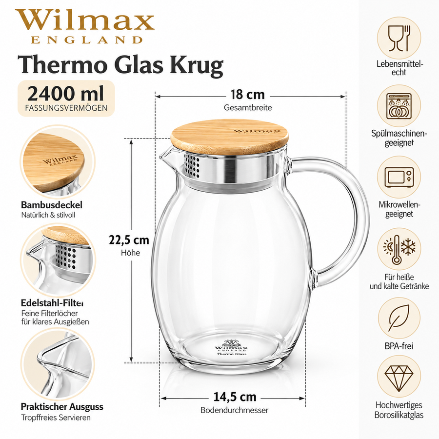Wilmax Krug 2400 ml mit Bambusdeckel und Filter Transparent Thermoglas – Anwendungs- oder Detailansicht; Lieferumfang: 1 Stück