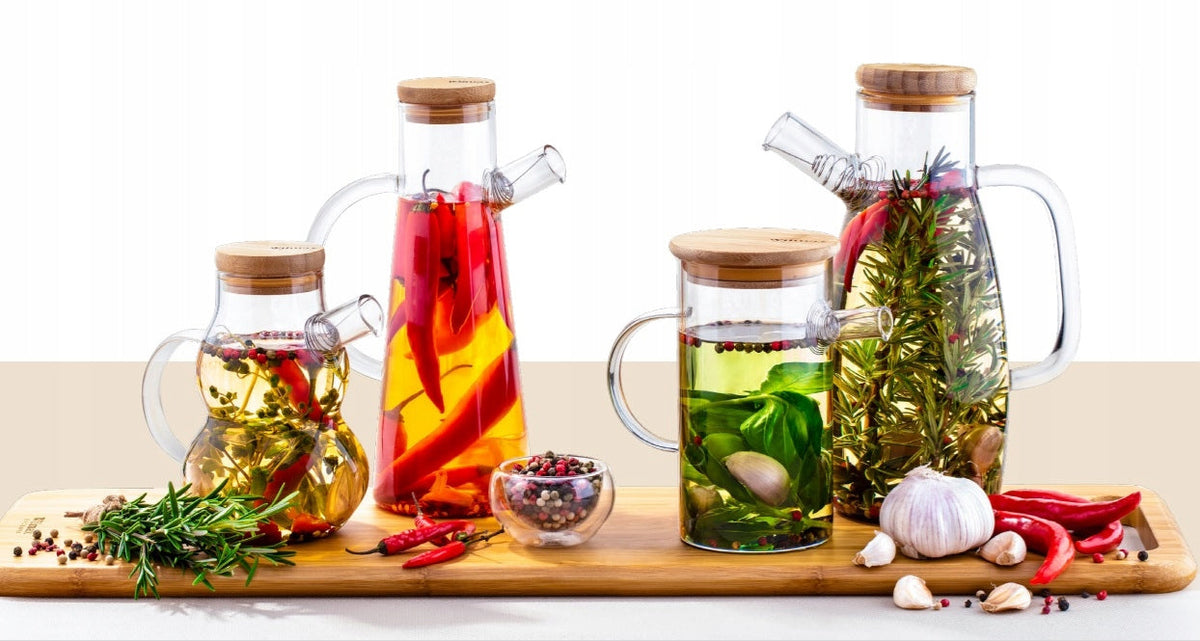 Wilmax Ölflasche 900 ml mit Ausgießer und Filter Transparent Glas – Anwendungs- oder Detailansicht; Lieferumfang: 1 Stück