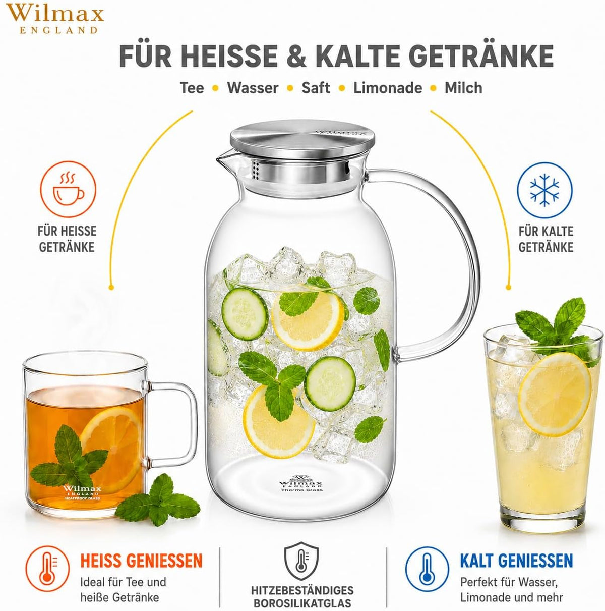 Wilmax Krug 2100 ml mit Edelstahldeckel und Filter Transparent Thermoglas – Anwendungs- oder Detailansicht; Lieferumfang: 1 Stück