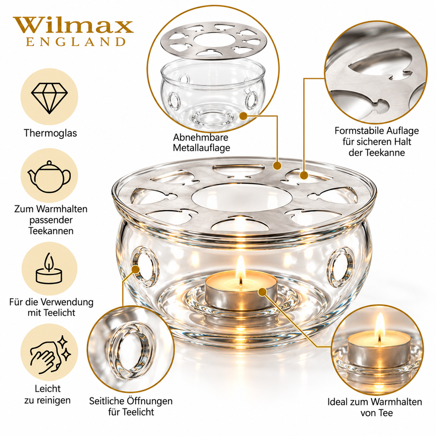 Wilmax Stövchen für Teekannen Transparent Glas – Anwendungs- oder Detailansicht; Lieferumfang: 1 Stück