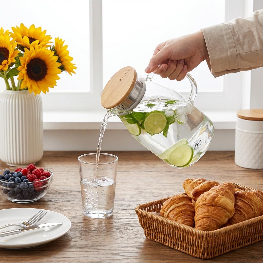 Wilmax Krug 1900 ml mit Bambusdeckel Transparent Thermoglas – Anwendungs- oder Detailansicht; Lieferumfang: 1 Stück