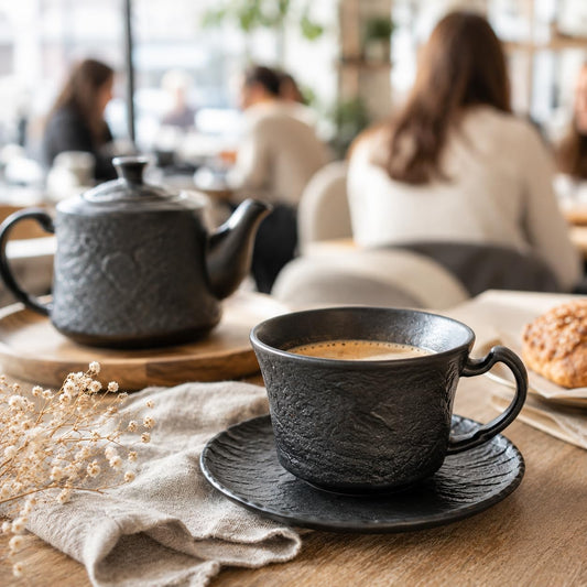 Wilmax Tasse mit Untertasse 180 ml 2er-Set Schwarz Porzellan – Anwendungs- oder Detailansicht; Lieferumfang: 2 Tassen mit 2 Untertassen