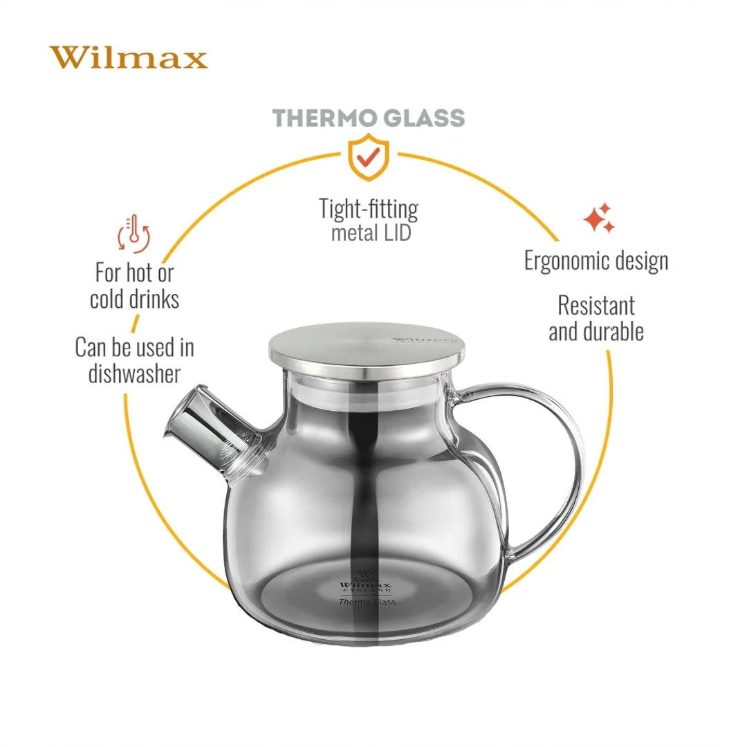 Wilmax Teekanne 950 ml mit Federfilter und mit Edelstahldeckel Grau Thermoglas – Anwendungs- oder Detailansicht; Lieferumfang: 1 Stück