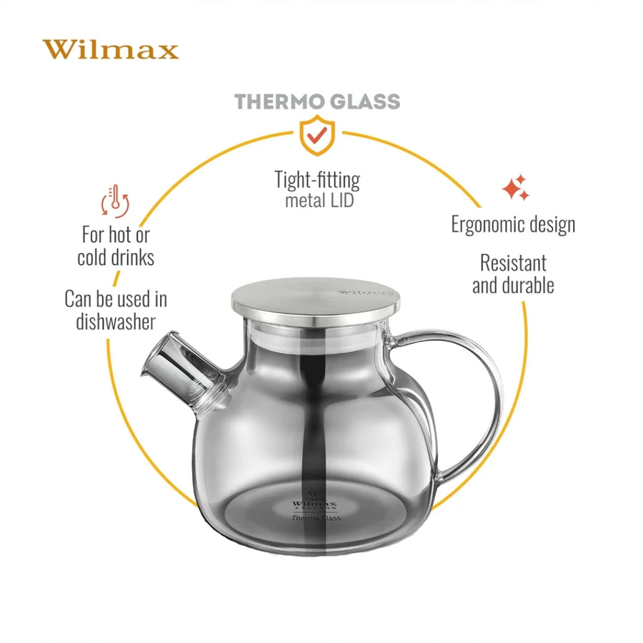 Wilmax Teekanne 950 ml mit Federfilter und mit Edelstahldeckel Grau Thermoglas – Anwendungs- oder Detailansicht; Lieferumfang: 1 Stück