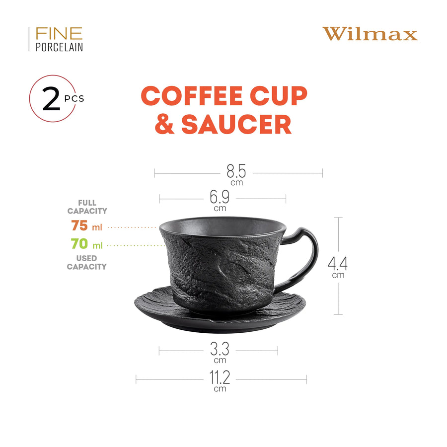 Wilmax Espressotasse mit Untertasse 75 ml 2er-Set Schwarz Porzellan – Anwendungs- oder Detailansicht; Lieferumfang: 2 Stück