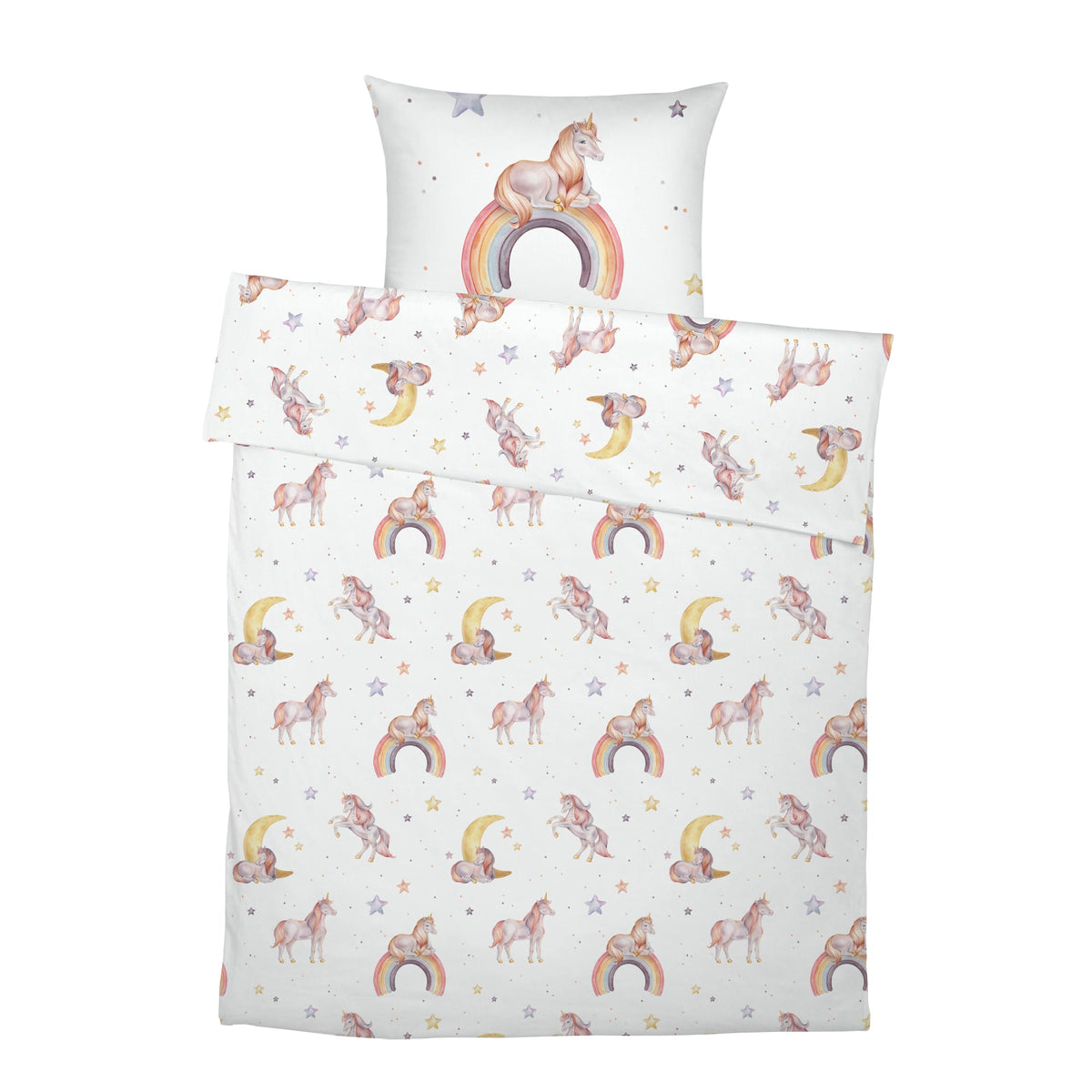 LESLIS Kinderbettwäsche „Regenbogen Einhorn" – komplettes Set aus Bettbezug und Kissenbezug