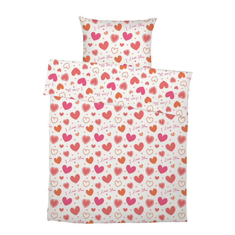 Komplettes Set „I love you": Bettbezug und Kissenbezug mit Herzen-Motiv in Rosa und Orange