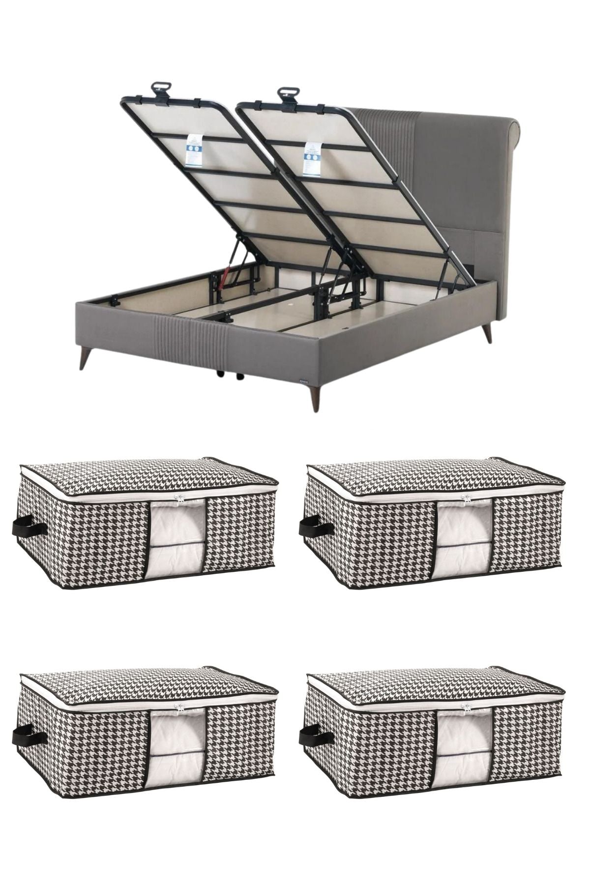 HELDENA Unterbett-Organizer Schwarz 64x45x22 cm 4er Set Sichtfenster
