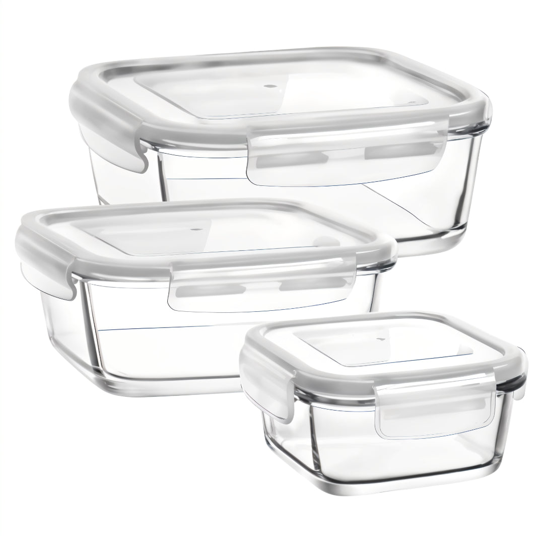 Drei transparente Glasbehälter für Kühlschrank Meal Prep und Vorräte