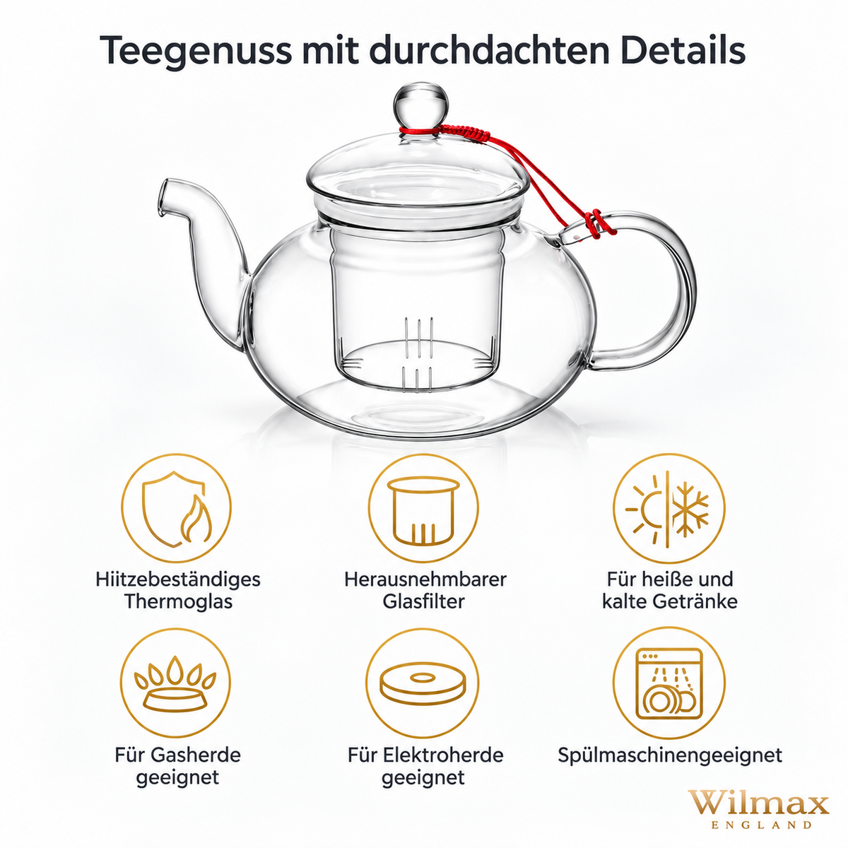 Wilmax Teekanne 1200 ml mit Glasfilter Transparent Thermoglas – Anwendungs- oder Detailansicht; Lieferumfang: 1 Stück