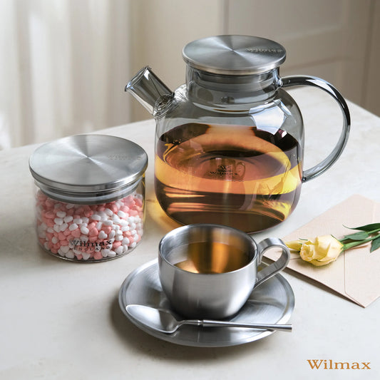 Wilmax Teekanne 1200 ml mit Federfilter und mit Edelstahldeckel Grau Thermoglas – Anwendungs- oder Detailansicht; Lieferumfang: 1 Stück