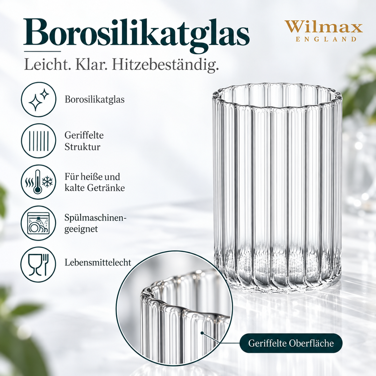Wilmax Geriffeltes Glas 250 ml 6er-Set Transparent Borosilikatglas – Anwendungs- oder Detailansicht; Lieferumfang: 6 Stück