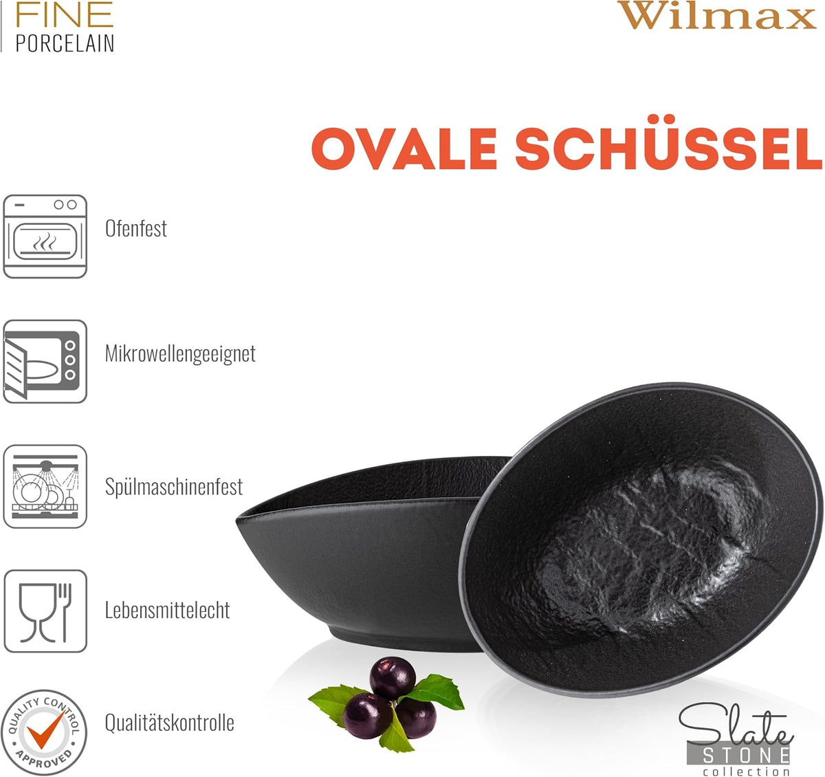 Wilmax Ovale Schale 19 × 15 × 6 cm 3er-Set Schwarz Porzellan – Anwendungs- oder Detailansicht; Lieferumfang: 3 Stück