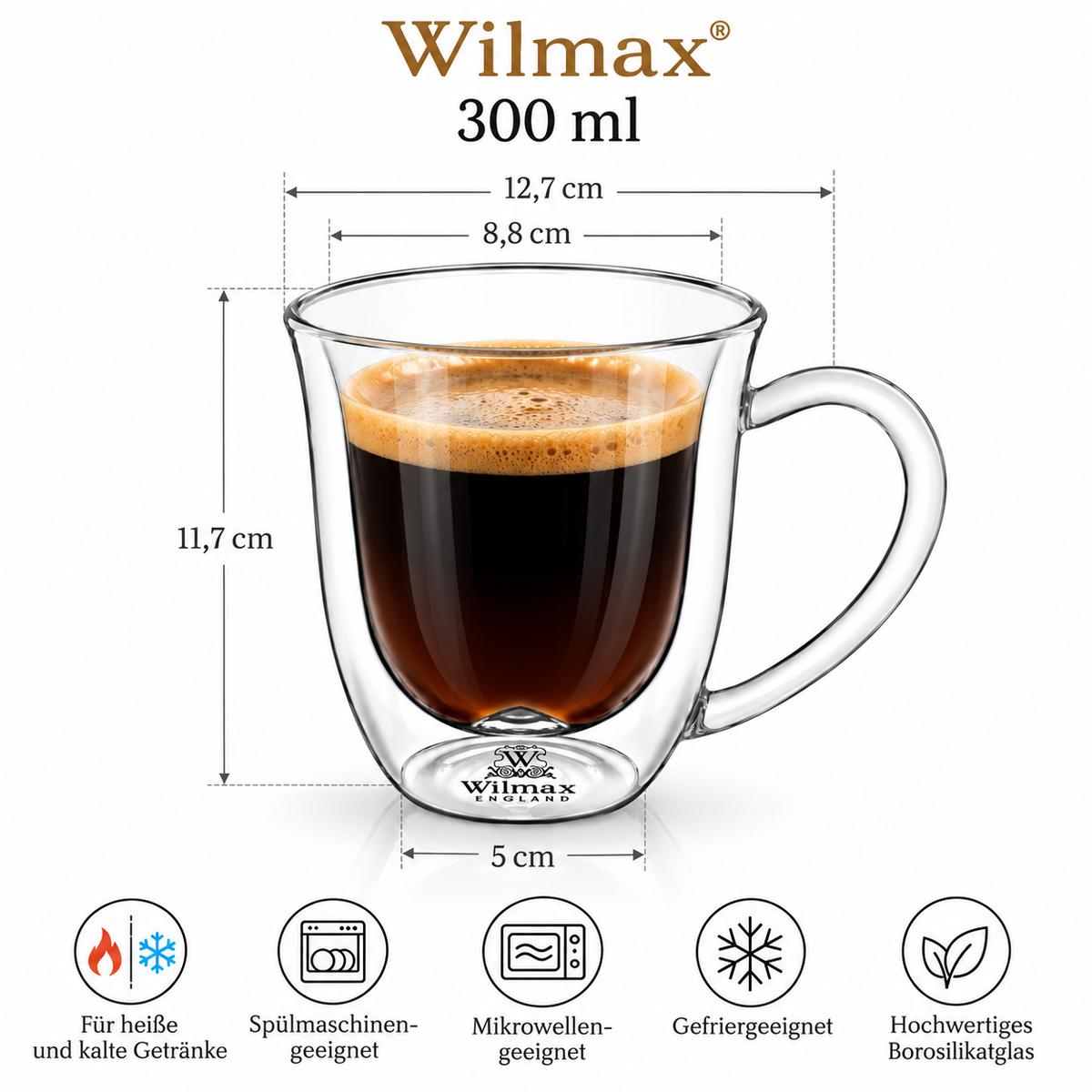 Wilmax Doppelwandiger Becher 300 ml 2er-Set Transparent – Anwendungs- oder Detailansicht; Lieferumfang: 2 Stück