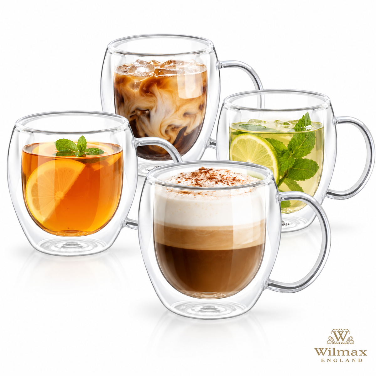 Wilmax Doppelwandiger Glasbecher 400 ml 4er-Set Transparent – Produktansicht; Lieferumfang: 4 Stück