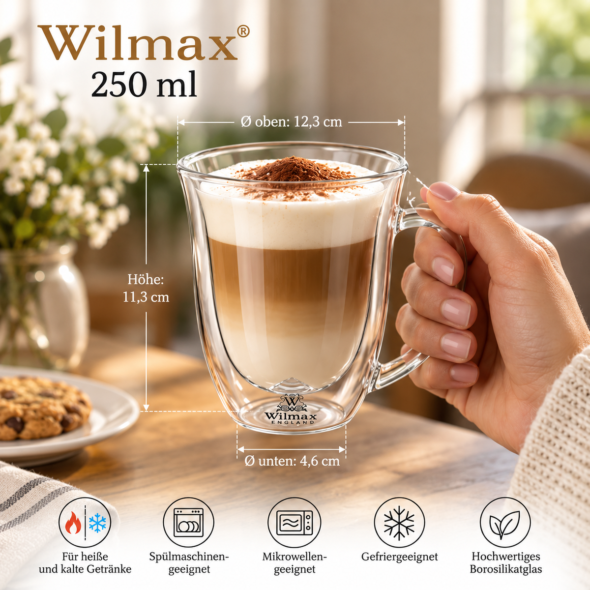 Wilmax Doppelwandige Tasse 250 ml 6er-Set Transparent – Anwendungs- oder Detailansicht; Lieferumfang: 6 Stück