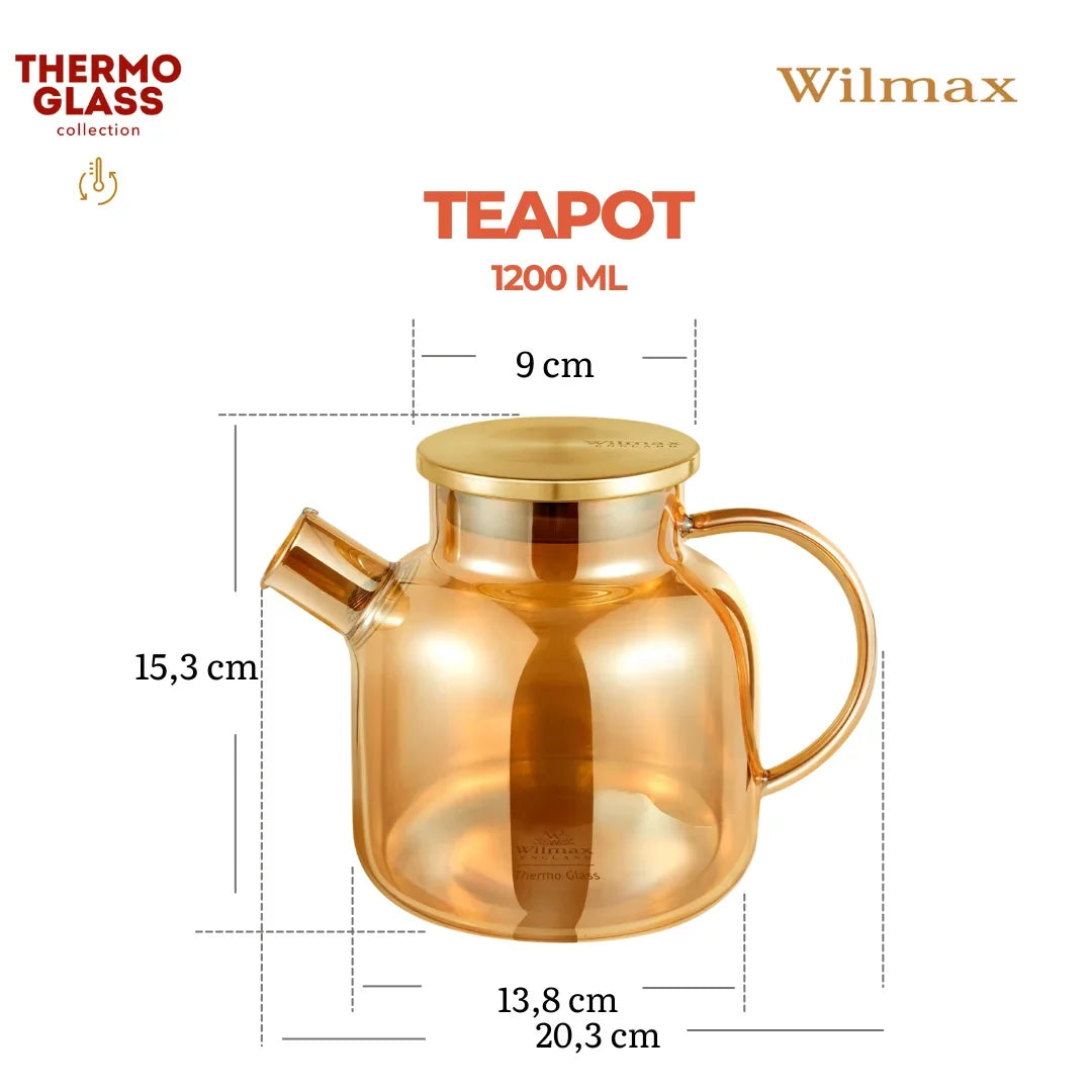 Wilmax Teekanne 1200 ml mit Federfilter und mit Edelstahldeckel Gold Thermoglas – Anwendungs- oder Detailansicht; Lieferumfang: 1 Stück