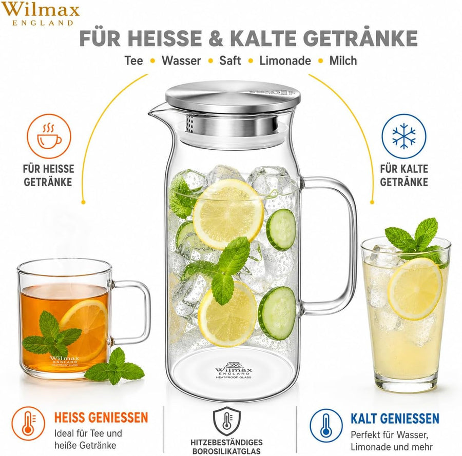 Wilmax Krug 1000 ml mit Edelstahldeckel Transparent Thermoglas – Anwendungs- oder Detailansicht; Lieferumfang: 1 Stück