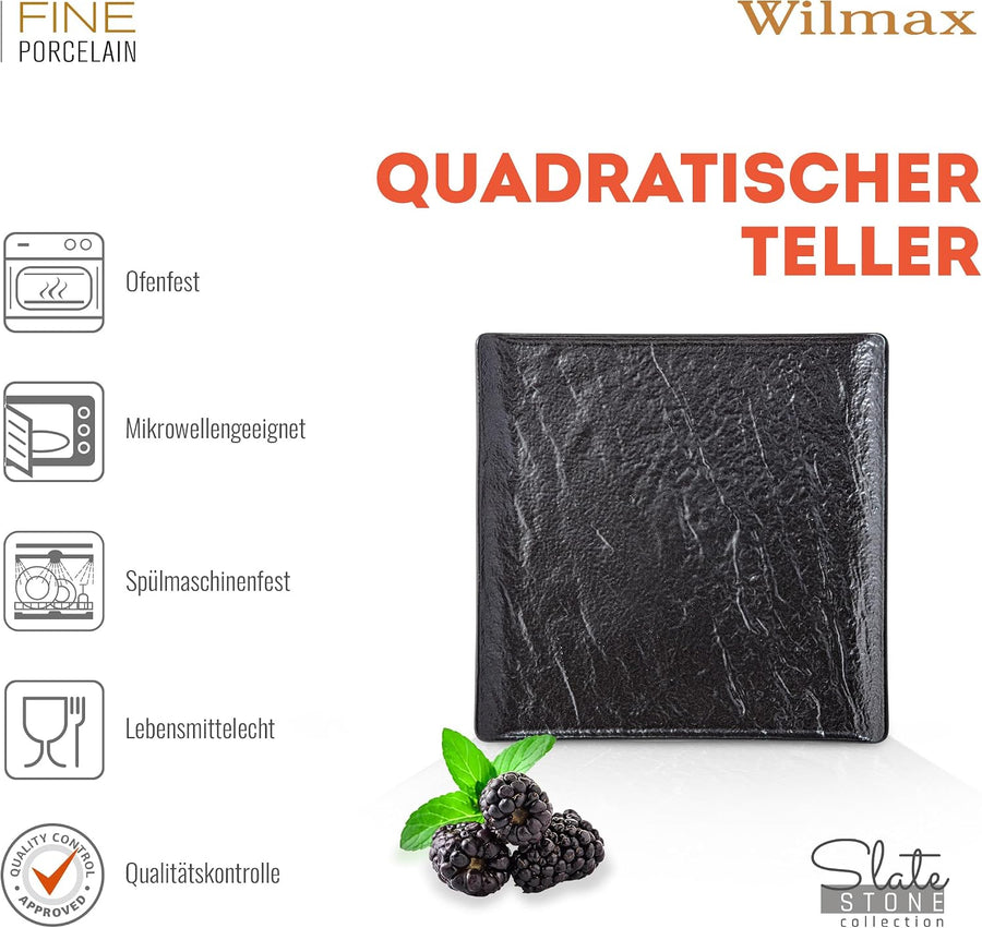 Wilmax Quadratische Servierplatte 13 × 13 cm 6er-Set Schwarz Porzellan – Anwendungs- oder Detailansicht; Lieferumfang: 6 Stück