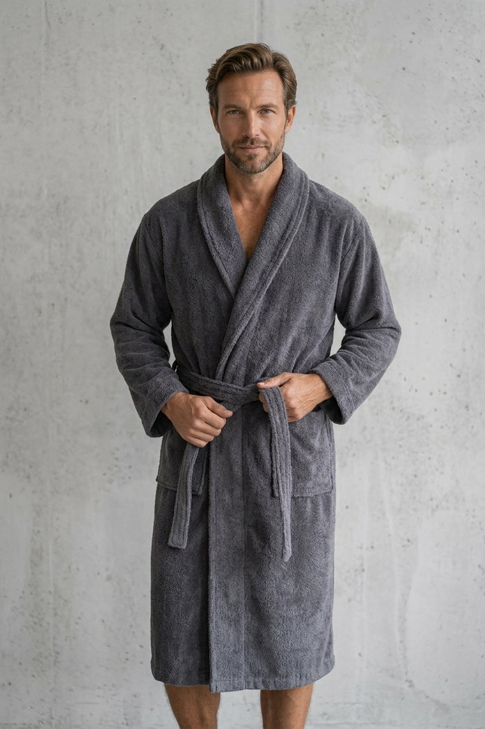HELDENA Premium Bademantel & Handtuch Set Grau-Anthrazit – 6-teilig 100% Baumwolle Jacquard