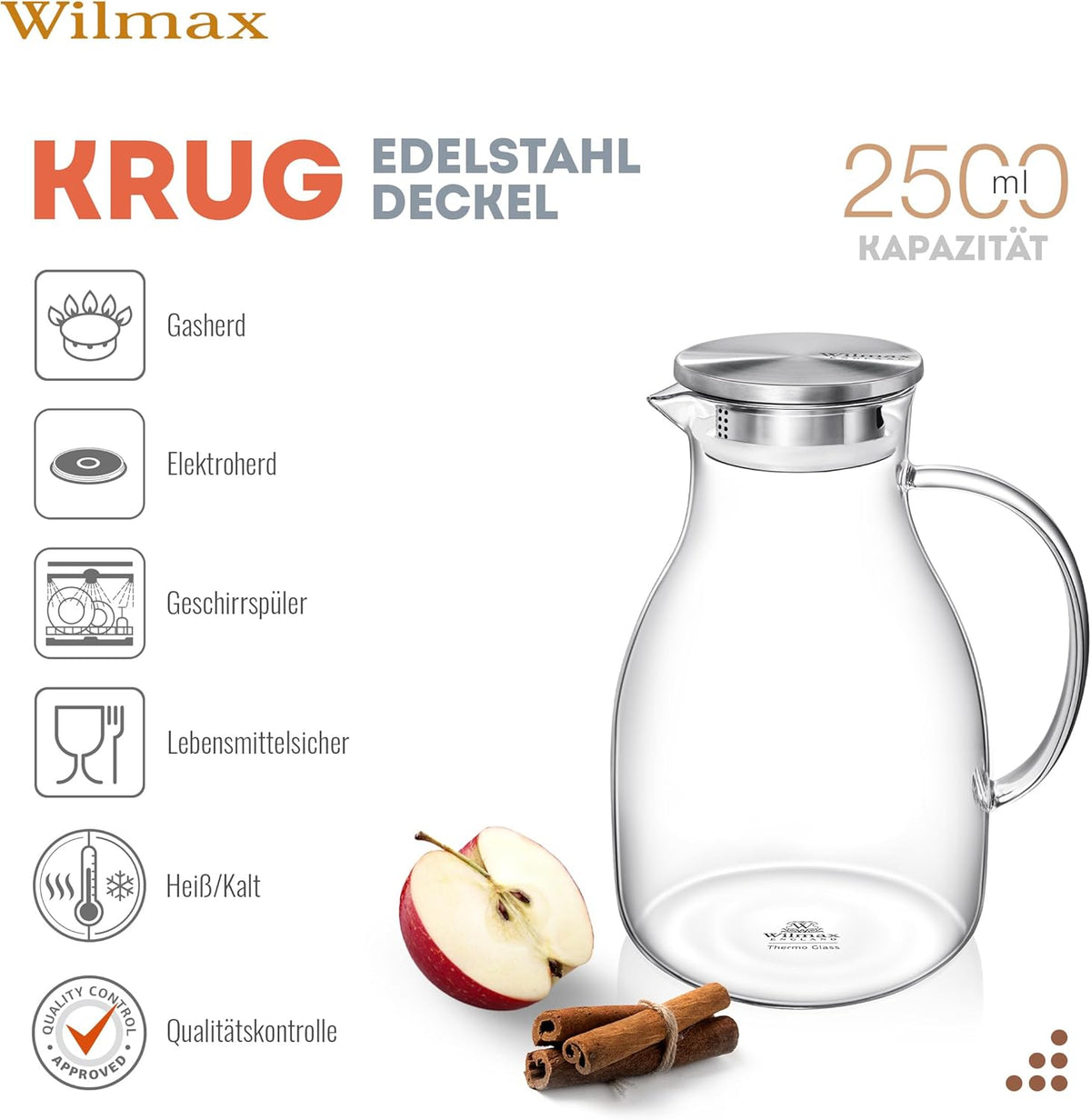 Wilmax Krug 2500 ml mit Edelstahldeckel und Filter Transparent Thermoglas – Anwendungs- oder Detailansicht; Lieferumfang: 1 Stück