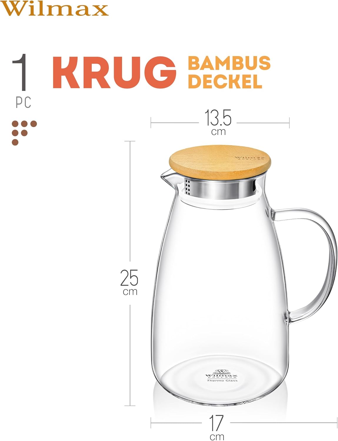 Wilmax Krug 1900 ml mit Bambusdeckel Transparent Thermoglas – Anwendungs- oder Detailansicht; Lieferumfang: 1 Stück