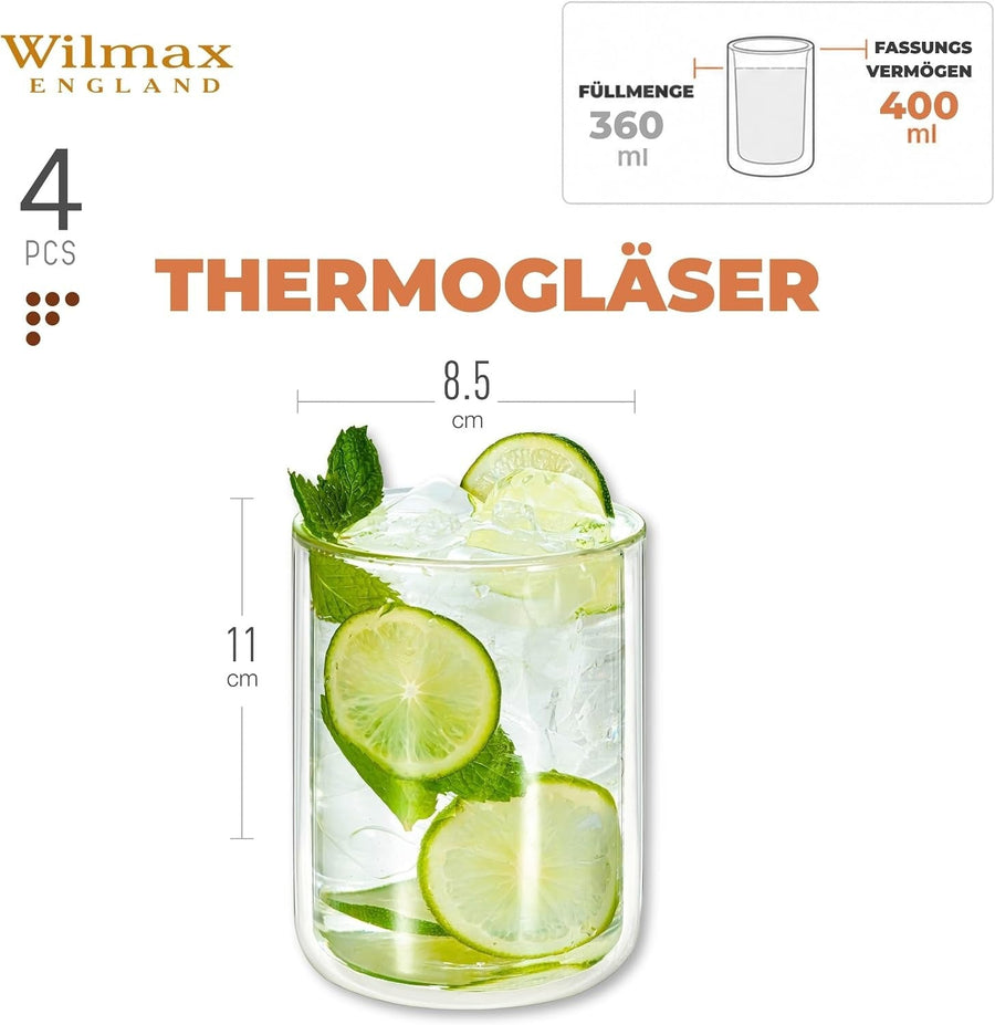 Wilmax Doppelwandiges Thermoglas 400 ml 4er-Set Transparent – Anwendungs- oder Detailansicht; Lieferumfang: 4 Stück