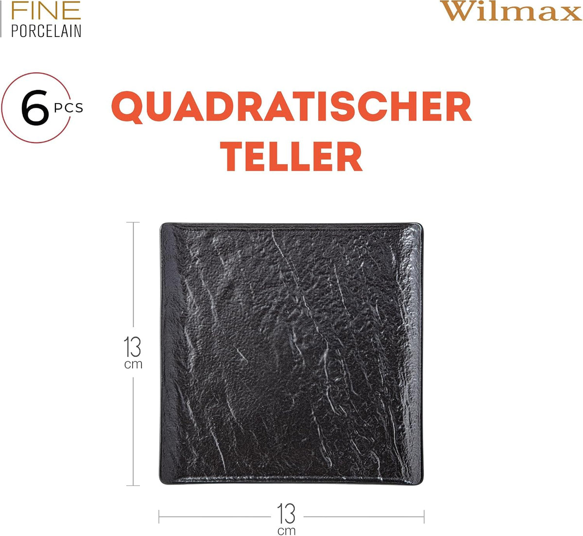 Wilmax Quadratische Servierplatte 13 × 13 cm 6er-Set Schwarz Porzellan – Anwendungs- oder Detailansicht; Lieferumfang: 6 Stück