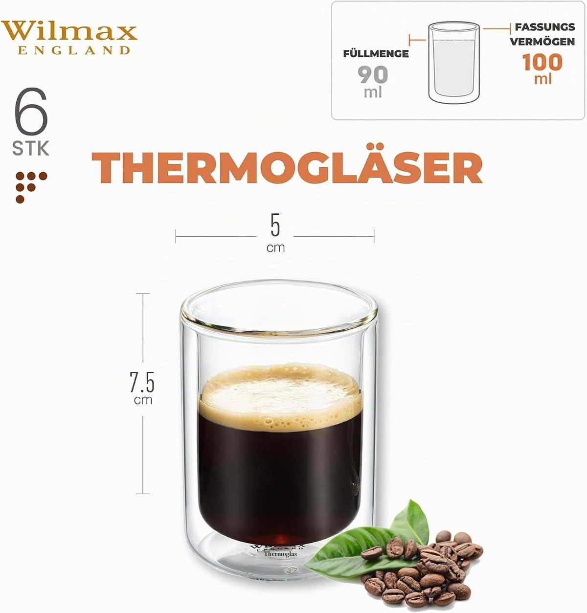 Wilmax Doppelwandiges Thermoglas 100 ml 6er-Set Transparent – Anwendungs- oder Detailansicht; Lieferumfang: 6 Stück